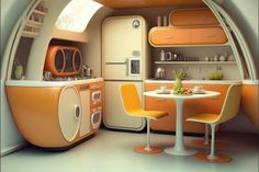 an airplane kitchen with orange cabinets and yellow chairs in the corner, as well as a small dining table