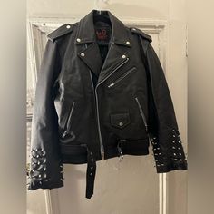 Bought $900 From Asos In 2017. Now Way Lower! Best Rock & Roll Leather Jacket! Designer Winter Outerwear With Rivets, Fitted Outerwear With Rivets For Biker Events, Rocker Style Riveted Winter Outerwear, Riveted Long Sleeve Outerwear For Concert, Winter Black Outerwear With Rivets, Black Winter Outerwear With Rivets, Winter Leather Jacket With Rivets For Streetwear, Fall Concert Outerwear With Rivets, Winter Concert Fitted Outerwear