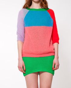 Colorful knit sweater made out of mohair blend yarn in pink, cyan, orange red, yellow, pale green and lilac.Sheer yet warming quality.Size: XS-L material:° 42% acrylic° 30% kid mohair° 28% polyamideComposition according Textile Labelling Act:° 42% acrylic° 30% mohair° 28% polyamidecare:° hand wash° lay flat to dry Colorful Knit Sweater, Yellow Lilac, Neon Red, Raglan Sweater, Womens Sweaters, Triangle Scarf, Green Hats, Mohair Sweater, Knitwear Design