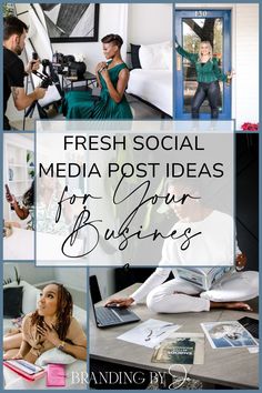 the words fresh social media post ideas for your business are shown above photos of people working on their laptops