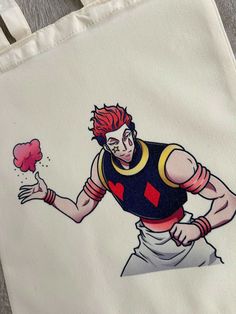 a bag with an image of a cartoon character holding a pink object in his hand