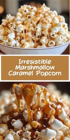 caramel popcorn is drizzled with melted marshmallow