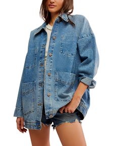 Traditional with a twist, this denim chore jacket from We The Free is featured in an oversized, slightly structured design with patch pockets and that perfect washed finish. Fit: Relaxed, oversized Features: Washed denim fabrication, collared neckline, drop-shoulder sleeves, patch pockets, phantom chest pockets with rivet details, button-front closure Why We <3 It: A timeless jacket that holds endless styling potential. Denim Chore Jacket, Boho Queen, Cropped Leather Jacket, Oversized Denim Jacket, Workwear Fashion, Chore Jacket, The Blues, Denim Jacket Women, Long Sleeve Mini