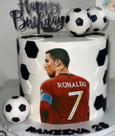 a birthday cake with a photo of ronald ronald on it and soccer balls around it