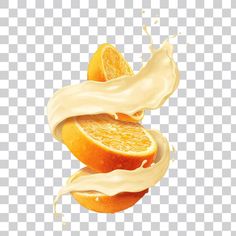 an orange sliced in half with milk splashing out of the top and on its side