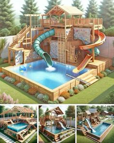 an artist's rendering of a backyard with a pool, slide and play area