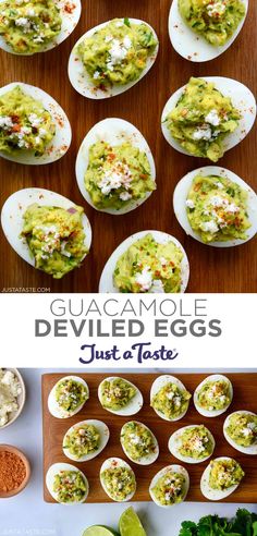 deviled eggs with guacamole and other toppings on a cutting board