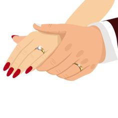 two hands holding each other with wedding rings on their fingers and red nail polishes