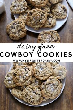 chocolate chip cookies on plates with the words dairy free cowboy cookies