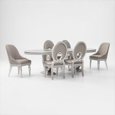 a dining table with chairs around it on a white background in front of a gray wall