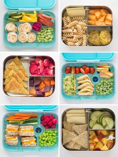 four pictures showing different types of food in plastic containers with dividers on each side