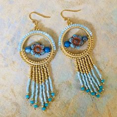 Long Fringe Hoop Earrings Blue and Gold Flower Earrings - Etsy Blue Earrings With Gold Beads, Bohemian Blue Earrings With Gold Beads, Blue Beaded Small Hoop Earrings, Blue Flower Earrings With Colorful Beads, Blue Small Hoop Beaded Earrings With Dangling Beads, Blue Beaded Dangle Flower Earrings, Small Hoop Earrings With Colorful Beads In Blue, Bohemian Blue Beaded Small Hoop Earrings, Blue Bohemian Beaded Small Hoop Earrings