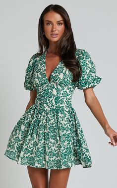 Nelli Mini Dress - Short Puff Sleeve Shirred Back Dress in Green Silhouette | Showpo USA Green Silhouette, Basic Black Dress, Neon Outfits, Bachelorette Dress, Spring Maxi Dress, Navy Bridesmaid Dresses, Short Puff Sleeve, Long Sleeve Knit Dress, Sparkle Dress