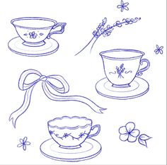 teacups and saucers with flowers on them are drawn by hand in blue ink