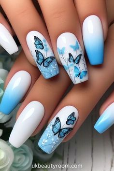 Swirl Nails, Butterfly Nail Art, Blue Nail Art, Cute Nail Ideas, Blue Nail Designs, Blue Nail, Butterfly Nail