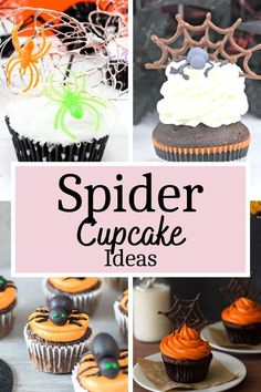 spider cupcakes with orange frosting and spooky decorations