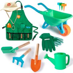 garden tools are arranged in the shape of a wheelbarrow, shovels, and watering utensils