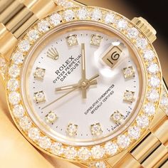 ROLEX LADIES DATEJUST PRESIDENT FACTORY DIAMOND DIAL 1.5 CT BEZEL 18K GOLD WATCH Rolex Diamond, Rolex Watches Women, Rolex Women, Affordable Watches, Amazing Watches, Watches Women Fashion, Gold Case, Bezel Diamond, Diamond Watch