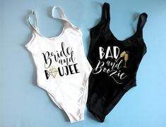 two women's swimsuits with the words bride and bachelor printed on them