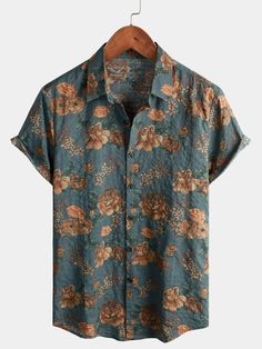 Men's Vintage Floral Retro Button Up Blue Summer Holiday Short Sleeve – Atlanl Floral Pattern Shirt, Vintage Floral Shirt, Outfit Vintage, Design Textile, Floral Print Shirt, Retro Shirts, Floral Vintage, Vintage Summer, Vintage Cotton