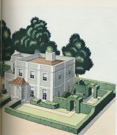 an architectural drawing of a large house with trees in the back ground and bushes to the front