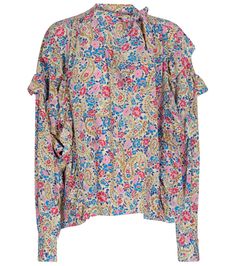 Isabel Marant - Libelzia floral stretch-silk blouse | Mytheresa Spring Silk Tops With Floral Print, Feminine Printed Ruffle Sleeve Blouse, Elegant Ruffle Sleeve Blouse With Floral Print, Elegant Ruffle Sleeve Floral Print Blouse, Fitted Blouse With Floral Print And Ruffle Sleeves, Elegant Blouse With Floral Print And Ruffle Sleeves, Summer Silk Top With Gathered Sleeves, Silk Floral Print Blouse For Daywear, Printed Fitted Blouse With Ruffle Sleeves