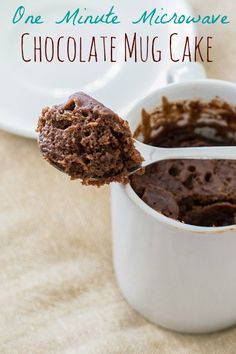 chocolate mug cake being spooned into a cup with the words, one minute microwave chocolate mousse