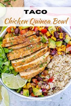 chicken quinoa bowl with rice, avocado and cilantro