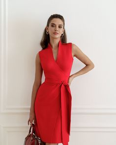 Sleeveless Wrap dress Tie detail Front slit Mini length Dress length: 96 cm/ 37.79 in Commercial Shoot, Dress Websites, Sleeveless Wrap Dress, Wear Store, Red Dress Women, Classy Work Outfits, Puff Sleeve Dresses, Red Mini Dress, Sleeveless Mini Dress