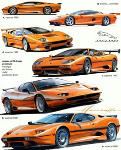 an orange sports car is shown in three different views, including the front and back