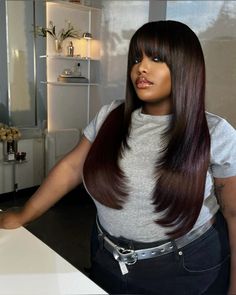 🤎 Brown Hair With Bangs Black Women, Wigs With Bangs For Black Women Highlights, Straight Wig With Bangs Black Women, Brown Wig With Bangs Black Women, Jet Black Wig With Bangs, Sew In Wig, Boring Hair, Fringe Hairstyles, Auburn Hair