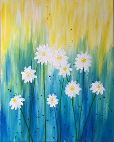 a painting of white daisies on a blue and yellow background