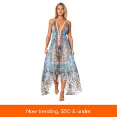 in stock Flowy Halter Dress For Beach Season, Blue Halter Neck Backless Dress, Halter Neck Dresses For Beach Season, Blue Backless Midi Dress For Vacation, Blue Halter Neck Mini Dress For Beach Season, Summer Blue Backless Midi Dress, Blue One-piece Dress For Party, One-piece Sundress For Beach Season, Blue One-piece Party Dress