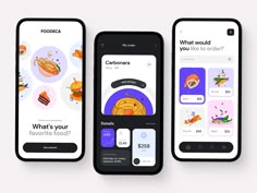 three smartphones displaying food ordering app designs