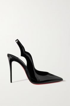 Christian Louboutin's iconic lacquered soles were created by accident in 1993 when the designer spotted one of his assistants painting their nails. He took the polish and applied it to a prototype, transforming the soles from black to statement red. Set on sky-high stiletto heels, these 'Hot Chick Sling' pumps are made from glossy patent-leather with curved slingback straps. Louboutin Slingback Heels, Black Designer Heels, Christian Louboutin Shoes Pumps, Black Slingback Heels, Black Leather Pumps, Louboutin Heels, Designer High Heels, Shoes Heels Classy, Christian Louboutin Heels