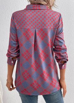 Red Collared Blouse For Fall, Multicolor Collared Top With Buttons, Multicolor Collar Top With Buttons, Plaid Long-sleeve Top With Button Closure, Plaid Long Sleeve Top With Button Closure, Casual Long Sleeve Blouse With Geometric Pattern, Casual Long Sleeve Shirt With Geometric Pattern, Long Sleeve Tops With Geometric Pattern For Work, Red Long Sleeve Blouse With Button Closure