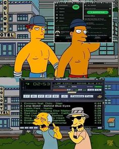 two cartoon characters are talking to each other in front of a computer screen with the simpsons character