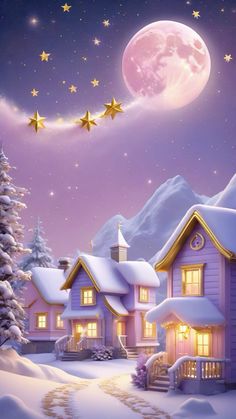 a painting of a snowy night with houses and stars