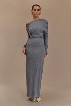 Jessie Cowl Neck Knit Midi Dress - Charcoal Marle | MESHKI U.S Draped Neckline, Effortless Elegance, Knit Midi, Knit Midi Dress, Fitted Silhouette, Casual Streetwear, Cowl Neck, Midi Length, Knit Dress