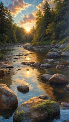 a painting of a river with rocks in the foreground and trees in the background