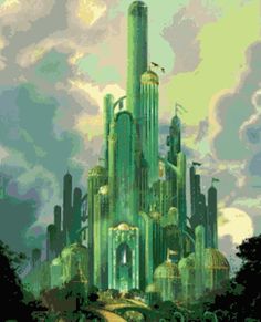 a painting of a green castle in the sky