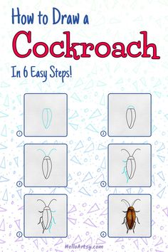 Step by step images demonstrating a how to draw a cockroach - A Drawing Tutorial for Kids! Draw Cockroach