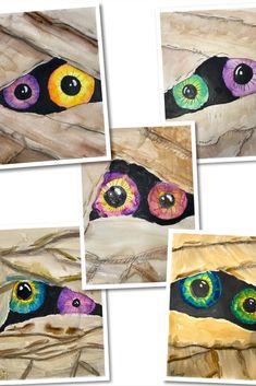 Five similar but different multimedia paintings of mummy eyes. Eyes are each different colors and peaking through the mummy wrappings. Spooky Halloween Art Ideas, One Hour Art Projects, Pop Art Art Projects, Grade 3 Fall Art Projects, 4th Grade Halloween Art Projects, Pre K Art Projects Fall, 5th Grade Fall Art Projects, Halloween Elementary Art, Halloween Art 3rd Grade