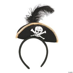 a black pirate hat with a skull and crossbones on the side, decorated with feathers