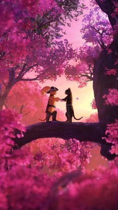 two dogs sitting on a tree branch in the middle of a forest with pink flowers