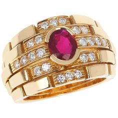 A rare Cartier "Maillon Panthere" Design Oval Ruby and Diamonds Ring made in 18 Karat Yellow Gold. Total Weight: 16.45 grams. Signed and Numbered. Ring Size US 6. Oval Ruby Ring, Ruby Diamond Rings, Cartier Jewelry, Cabochon Ring, Fine Jewels, Ruby Diamond, Ruby Ring, Diamond Gemstone, Cocktail Rings