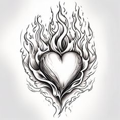 a drawing of a heart with flames on it