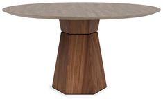 a round wooden table with an oval top and two circular bases on the base are made out of wood