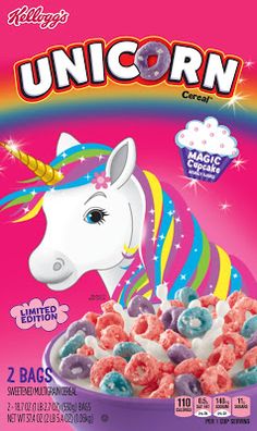 unicorn cereal is shown on a pink background