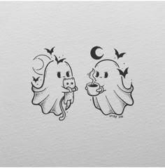 two ghost stickers on the side of a white paper with black ink, one is holding